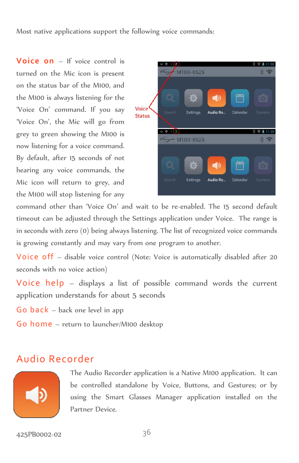 Audio recorder | Vuzix M100 Product Guide User Manual | Page 36 / 56