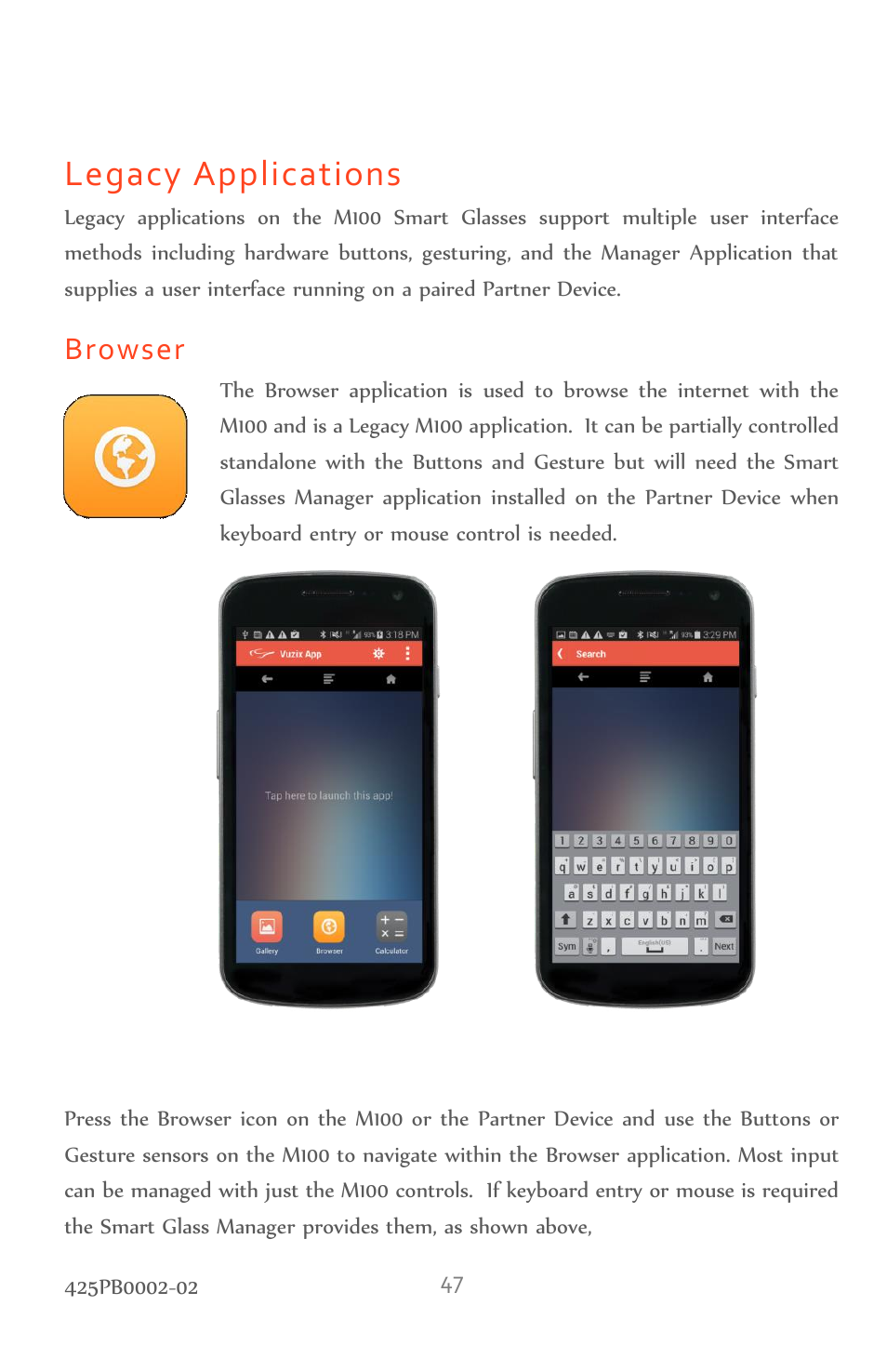 Legacy applications, Browser | Vuzix M100 Product Guide User Manual | Page 47 / 56