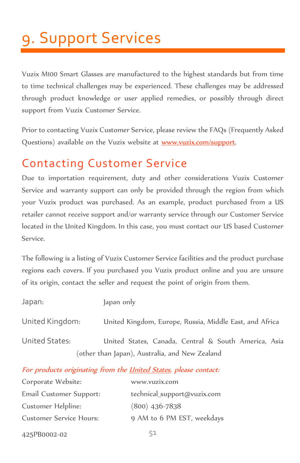Support services, Contacting customer service | Vuzix M100 Product Guide User Manual | Page 51 / 56
