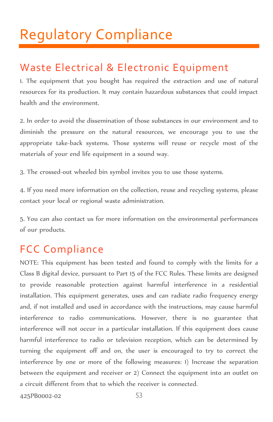 Regulatory compliance, Waste electrical & electronic equipment, Fcc compliance | Vuzix M100 Product Guide User Manual | Page 53 / 56