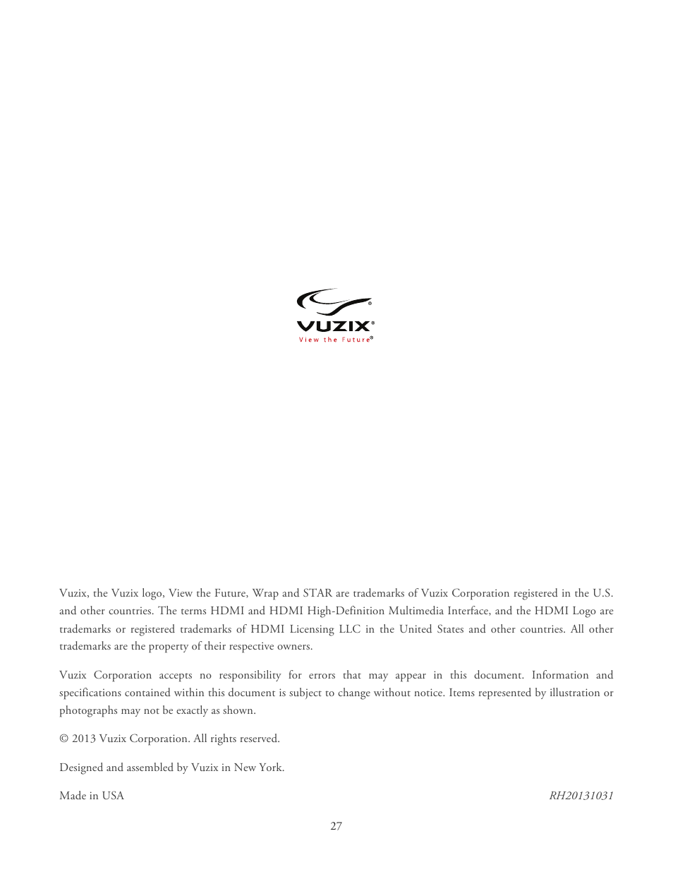 Vuzix Wrap 1200DXAR User Manual | Page 27 / 27