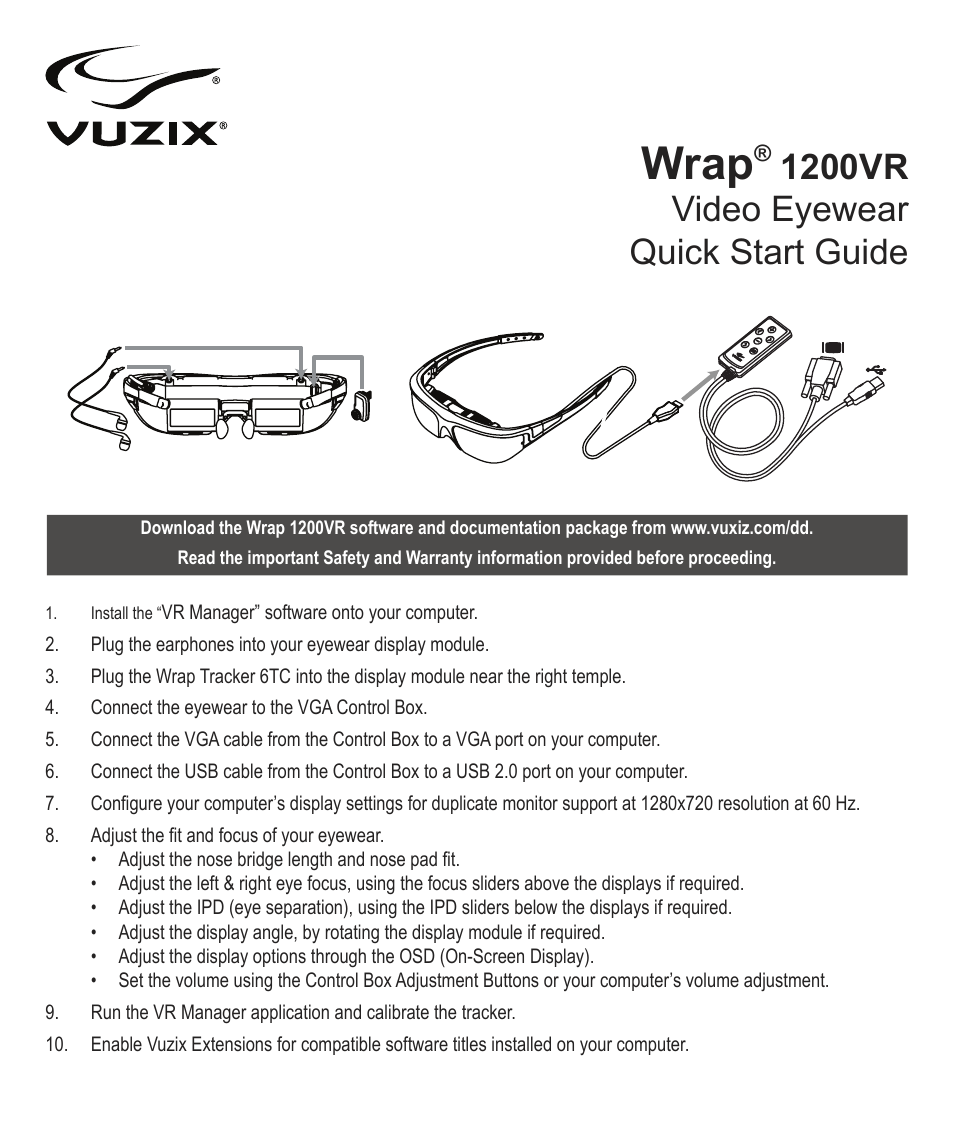 Vuzix Wrap 1200VR Quick Start Guide User Manual | 4 pages