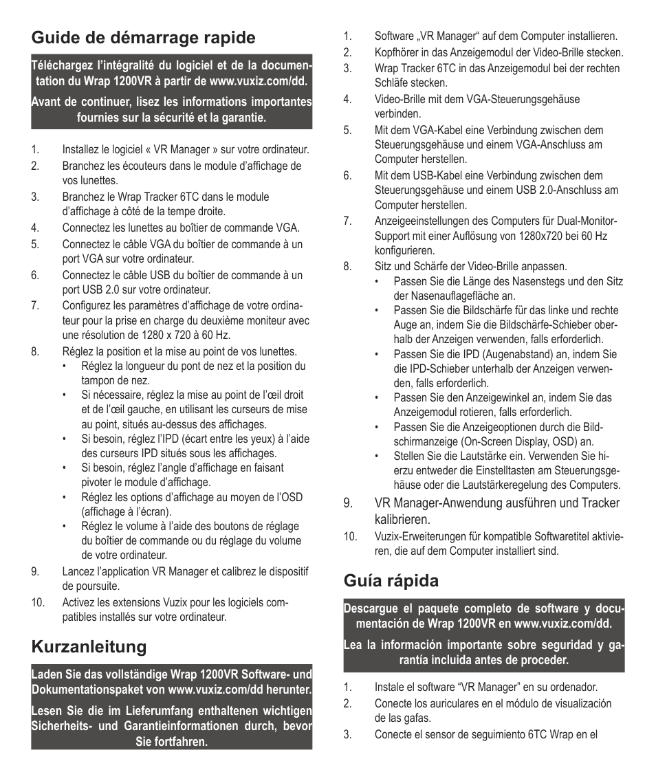 Guide de démarrage rapide, Kurzanleitung, Guía rápida | Vuzix Wrap 1200VR Quick Start Guide User Manual | Page 2 / 4