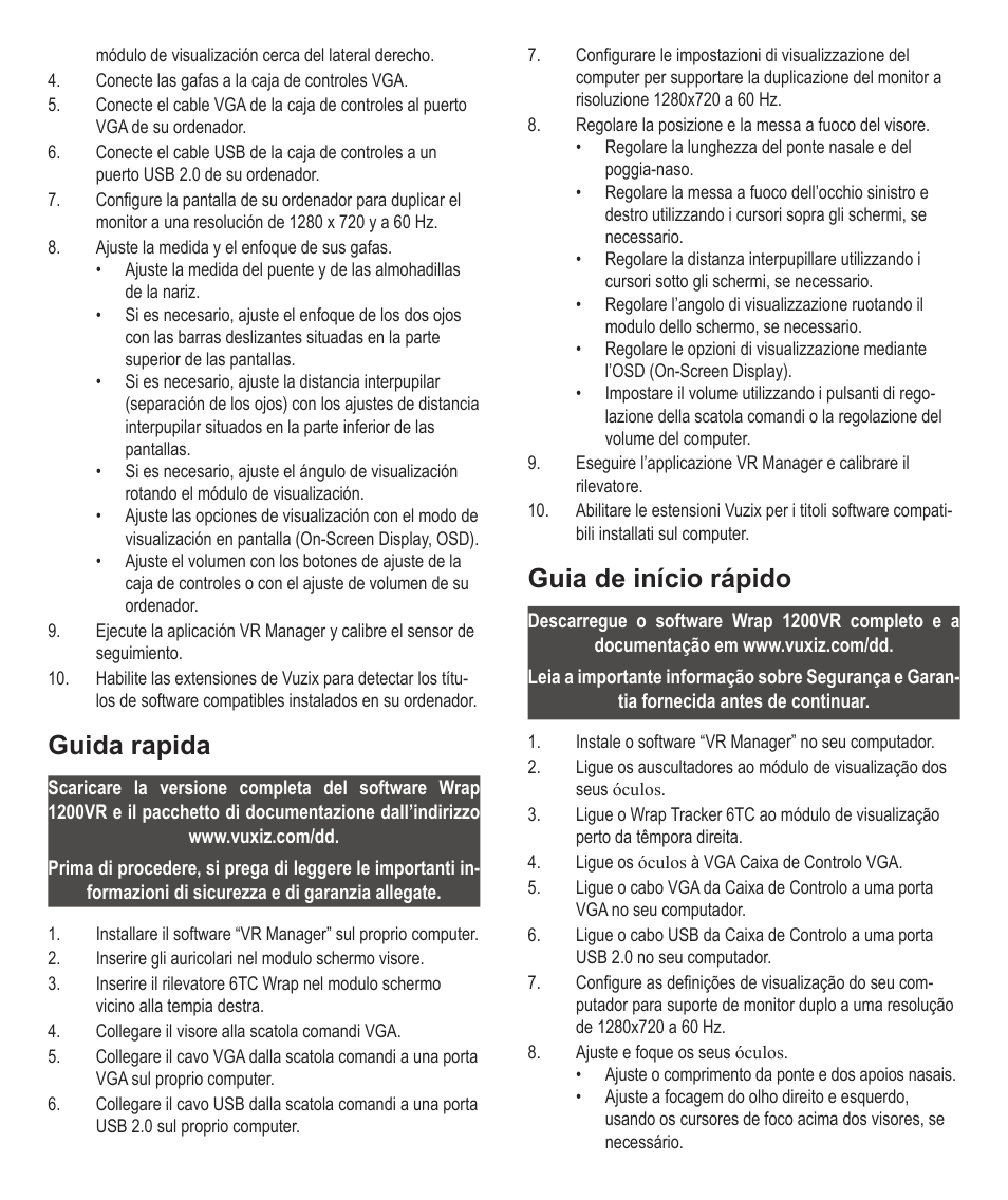 Guida rapida, Guia de início rápido | Vuzix Wrap 1200VR Quick Start Guide User Manual | Page 3 / 4
