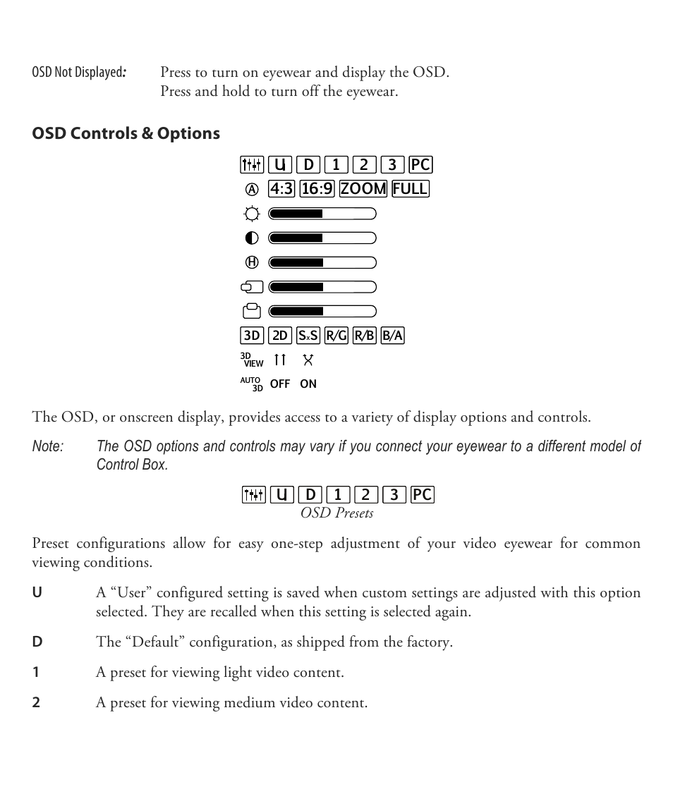 Osd controls & options | Vuzix Wrap 1200VR User Guide User Manual | Page 21 / 39