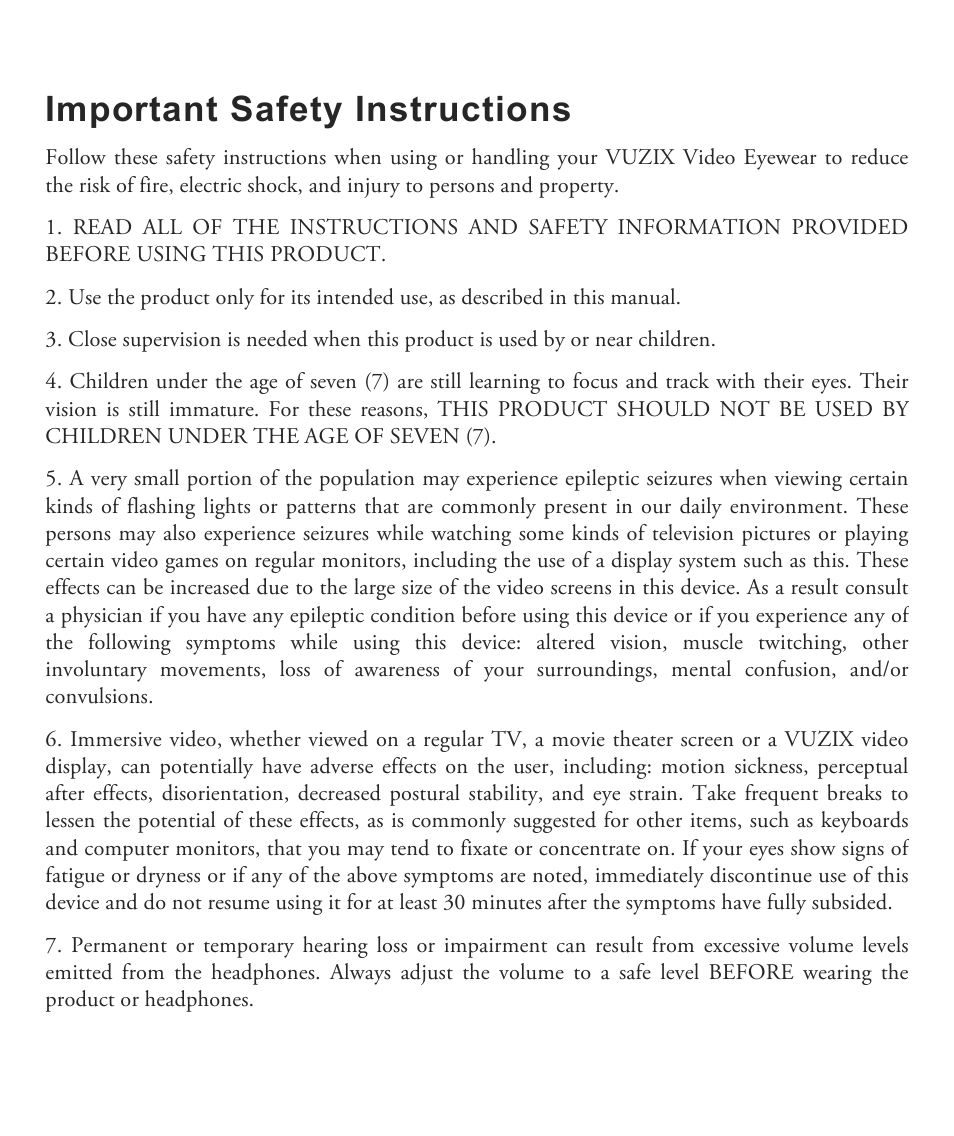 Important safety instructions | Vuzix Wrap 1200VR User Guide User Manual | Page 4 / 39