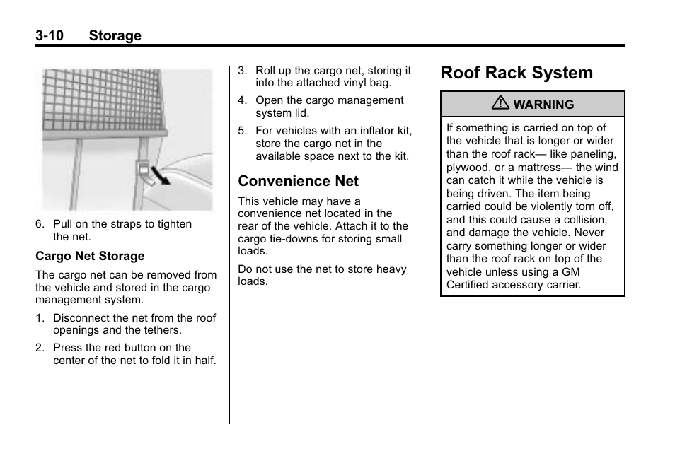 Convenience net, Roof rack system, Roof rack system -10 | Phone, Convenience net -10 | Cadillac 2010 SRX Crossover User Manual | Page 106 / 470