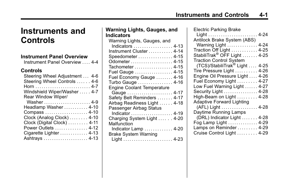 Instruments and controls, Instruments and controls -1, Instruments and controls 4-1 | Cadillac 2010 SRX Crossover User Manual | Page 109 / 470