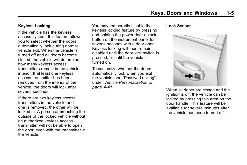 Keys, doors and windows 1-5 | Cadillac 2010 SRX Crossover User Manual | Page 11 / 470