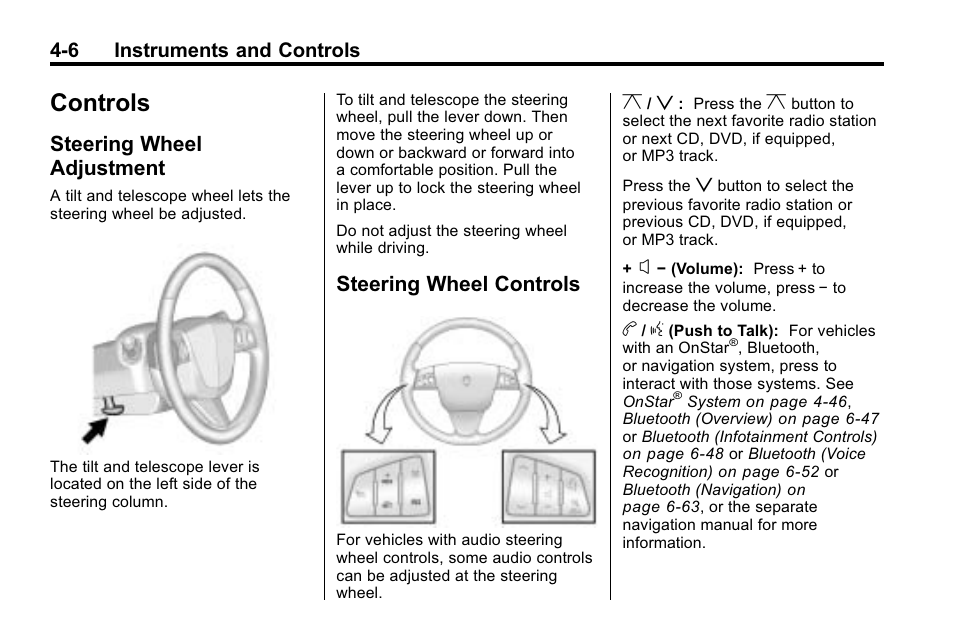 Controls, Steering wheel adjustment, Steering wheel controls | Air vents -6, Steering wheel controls on, Steering wheel adjustment on | Cadillac 2010 SRX Crossover User Manual | Page 114 / 470