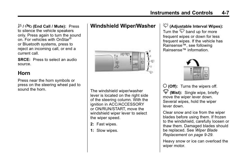 Horn, Windshield wiper/washer, Horn -7 windshield wiper/washer -7 | Windshield wiper/washer on | Cadillac 2010 SRX Crossover User Manual | Page 115 / 470