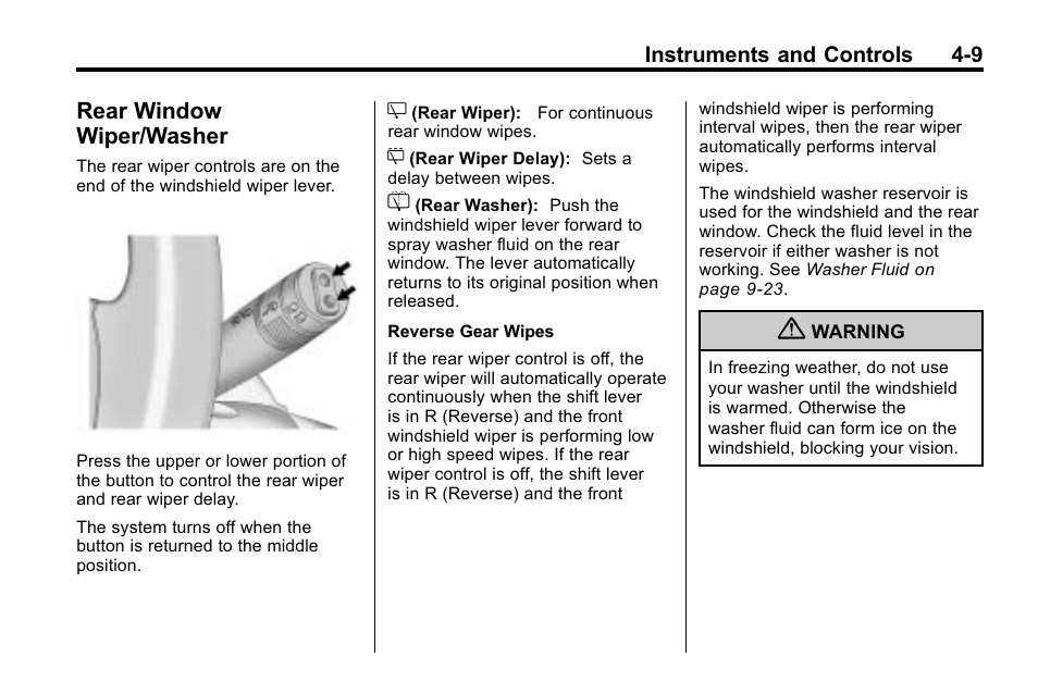 Rear window wiper/washer, Rear window wiper, Washer -9 | Cadillac 2010 SRX Crossover User Manual | Page 117 / 470