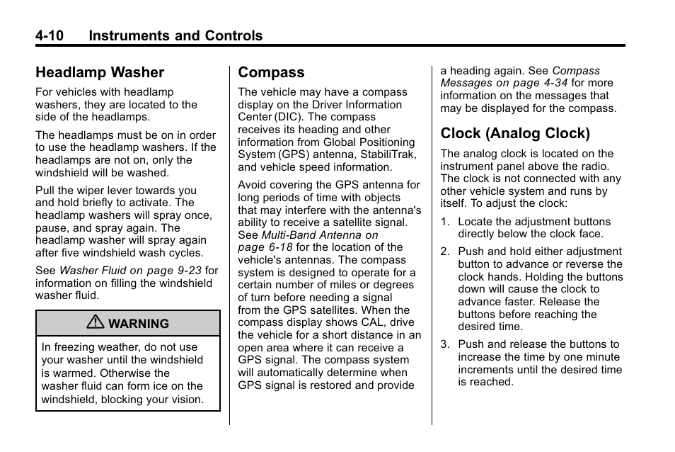 Headlamp washer, Compass, Clock (analog clock) | Clock (analog clock) on | Cadillac 2010 SRX Crossover User Manual | Page 118 / 470