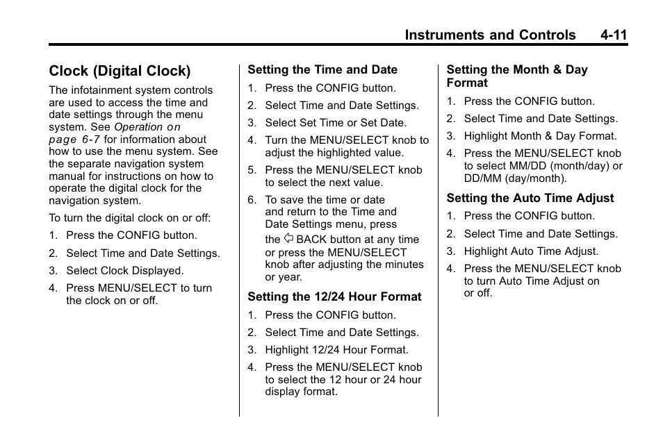 Clock (digital clock), Clock (digital clock) -11, Malfunction | Instruments and controls 4-11 | Cadillac 2010 SRX Crossover User Manual | Page 119 / 470