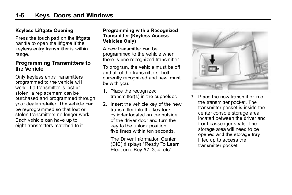 6 keys, doors and windows | Cadillac 2010 SRX Crossover User Manual | Page 12 / 470