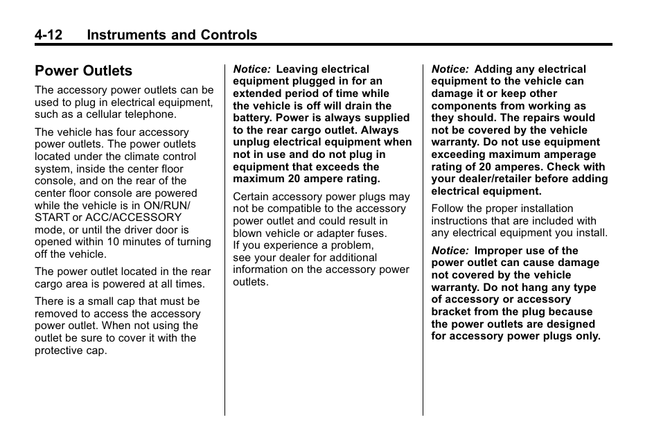 Power outlets, Power outlets -12, 12 instruments and controls | Cadillac 2010 SRX Crossover User Manual | Page 120 / 470