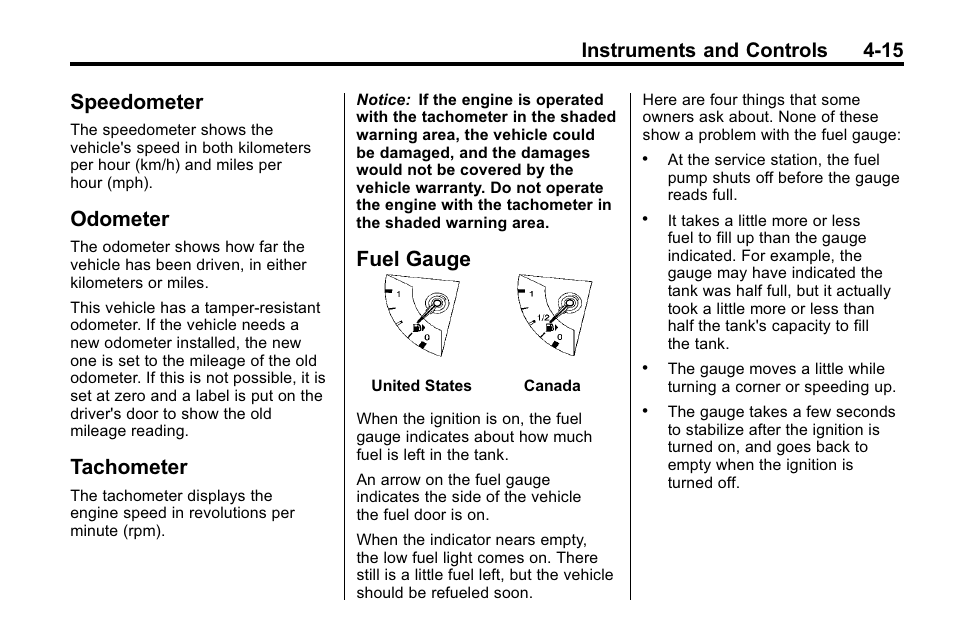 Speedometer, Odometer, Tachometer | Fuel gauge, Instruments and controls 4-15 | Cadillac 2010 SRX Crossover User Manual | Page 123 / 470