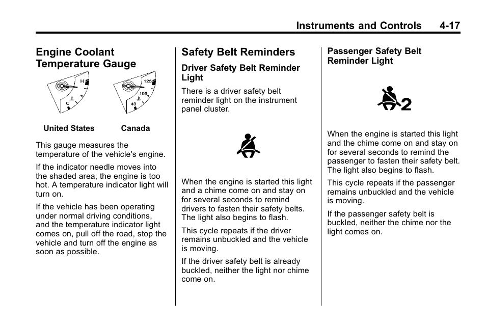 Engine coolant temperature gauge, Safety belt reminders, Engine coolant temperature | Gauge -17, Safety belt reminders -17, High-beam, Instruments and controls 4-17 | Cadillac 2010 SRX Crossover User Manual | Page 125 / 470