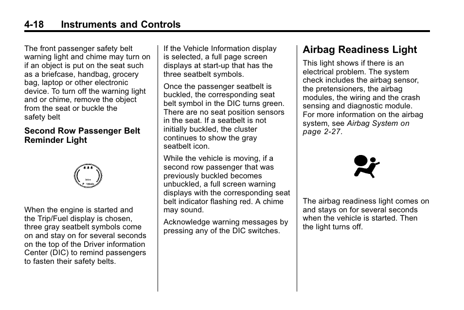 Airbag readiness light, Airbag readiness light -18, 18 instruments and controls | Cadillac 2010 SRX Crossover User Manual | Page 126 / 470