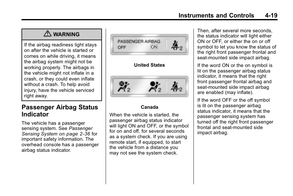 Passenger airbag status indicator, Passenger airbag status, Indicator -19 | Cadillac 2010 SRX Crossover User Manual | Page 127 / 470