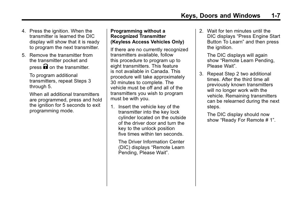 Keys, doors and windows 1-7 | Cadillac 2010 SRX Crossover User Manual | Page 13 / 470