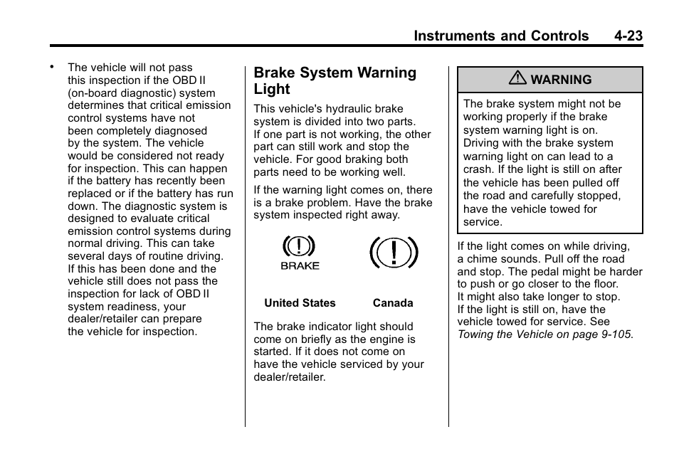 Brake system warning light, Brake system warning, Light -23 | Cadillac 2010 SRX Crossover User Manual | Page 131 / 470