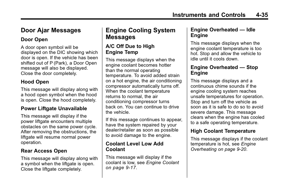 Door ajar messages, Engine cooling system messages, Door ajar messages -35 engine cooling system | Messages -35, Vehicle | Cadillac 2010 SRX Crossover User Manual | Page 143 / 470