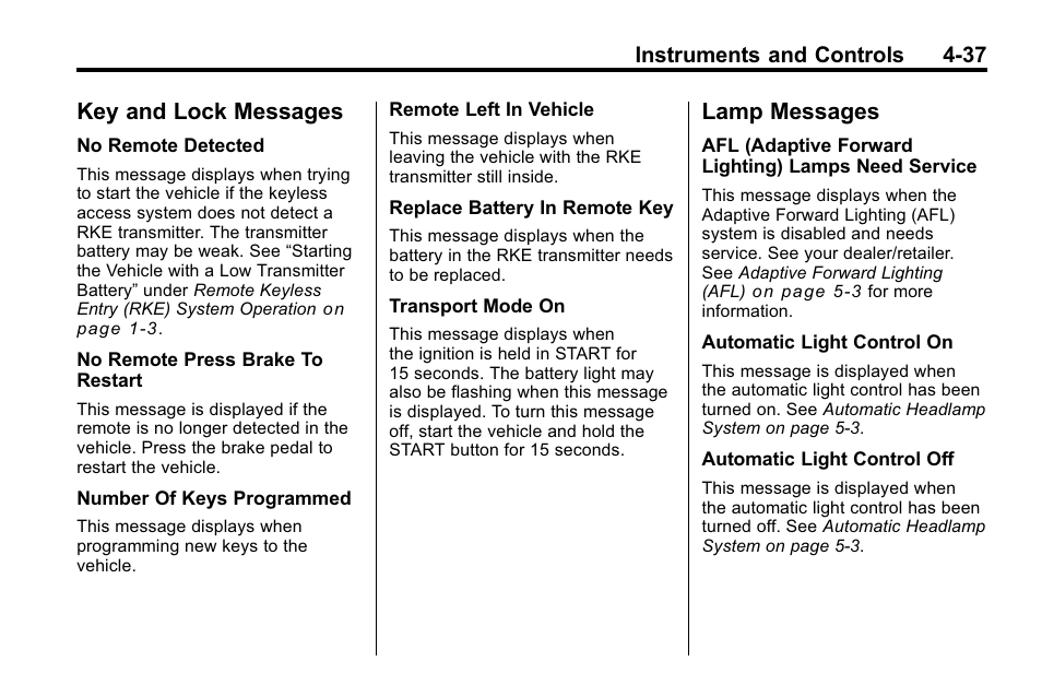 Key and lock messages, Lamp messages, Key and lock messages -37 lamp messages -37 | Universal | Cadillac 2010 SRX Crossover User Manual | Page 145 / 470