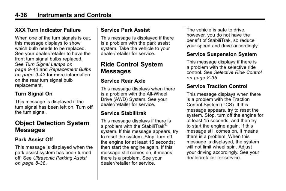 Object detection system messages, Ride control system messages, Object detection system | Messages -38, Ride control system, Operation, 38 instruments and controls | Cadillac 2010 SRX Crossover User Manual | Page 146 / 470