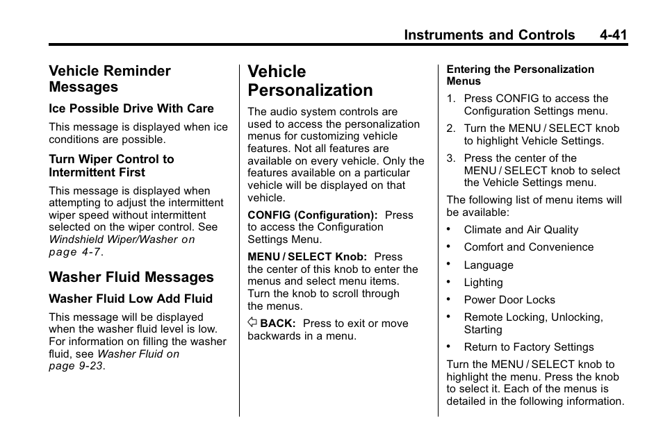 Vehicle reminder messages, Washer fluid messages, Vehicle personalization | Personalization -41, Engine exhaust, Messages -41, Asher fluid messages -41, Instruments and controls 4-41 | Cadillac 2010 SRX Crossover User Manual | Page 149 / 470