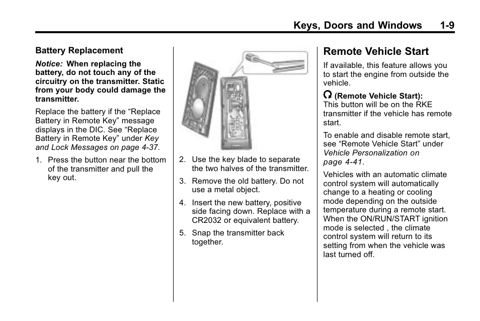 Remote vehicle start, Remote vehicle start -9, Keys, doors and windows 1-9 | Cadillac 2010 SRX Crossover User Manual | Page 15 / 470