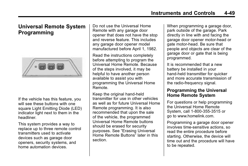 Universal remote system programming, Universal remote system, Programming -49 | Instruments and controls 4-49 | Cadillac 2010 SRX Crossover User Manual | Page 157 / 470