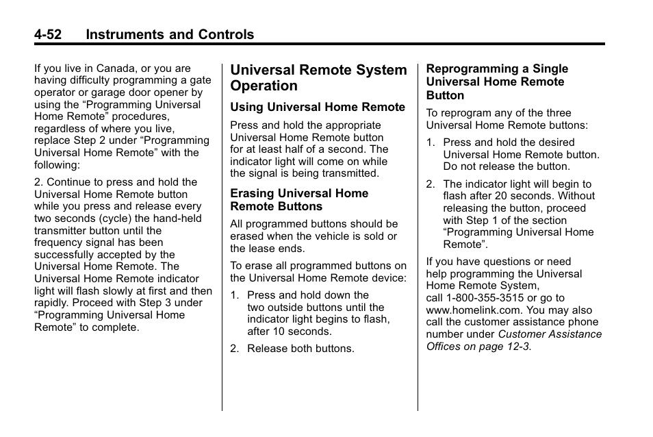 Universal remote system operation, Universal remote system, 52 instruments and controls | Cadillac 2010 SRX Crossover User Manual | Page 160 / 470