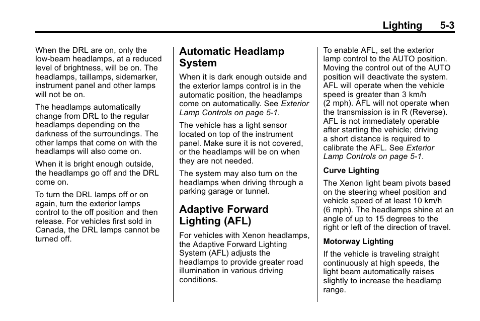 Automatic headlamp system, Adaptive forward lighting (afl), Automatic headlamp | System -3, Adaptive forward, Lighting (afl) -3, Lighting 5-3 | Cadillac 2010 SRX Crossover User Manual | Page 163 / 470