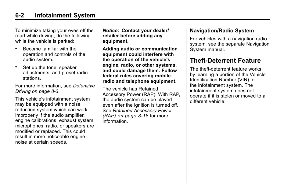 Theft-deterrent feature, Theft-deterrent feature -2, 2 infotainment system | Cadillac 2010 SRX Crossover User Manual | Page 168 / 470