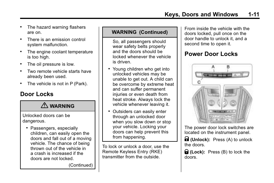 Door locks, Power door locks, Door locks -11 power door locks -11 | Windows, Keys, doors and windows 1-11 | Cadillac 2010 SRX Crossover User Manual | Page 17 / 470