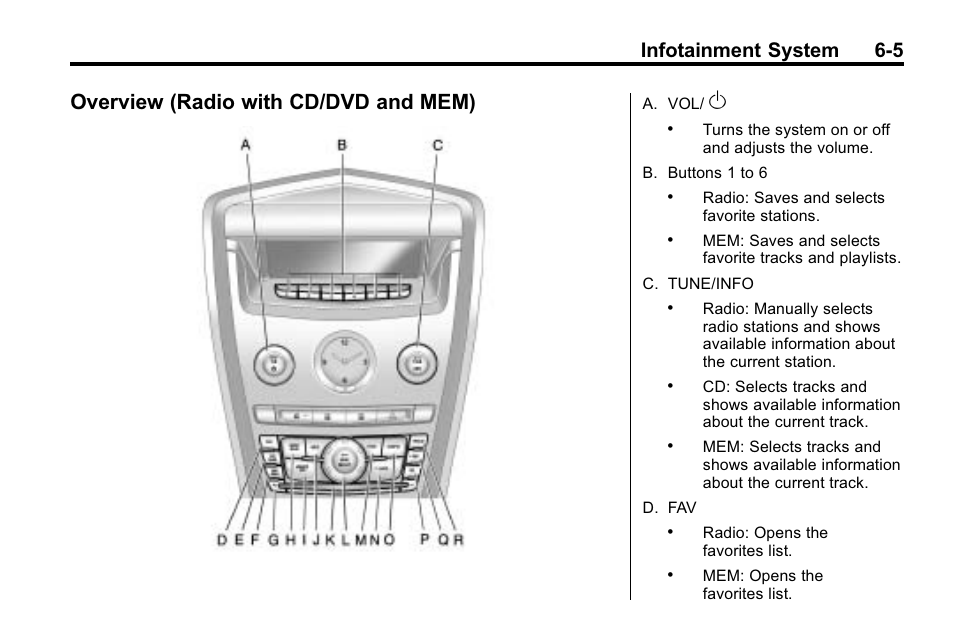 Overview (radio with cd/dvd and mem), Overview (radio with cd/dvd, And mem) -5 | Infotainment system 6-5 | Cadillac 2010 SRX Crossover User Manual | Page 171 / 470