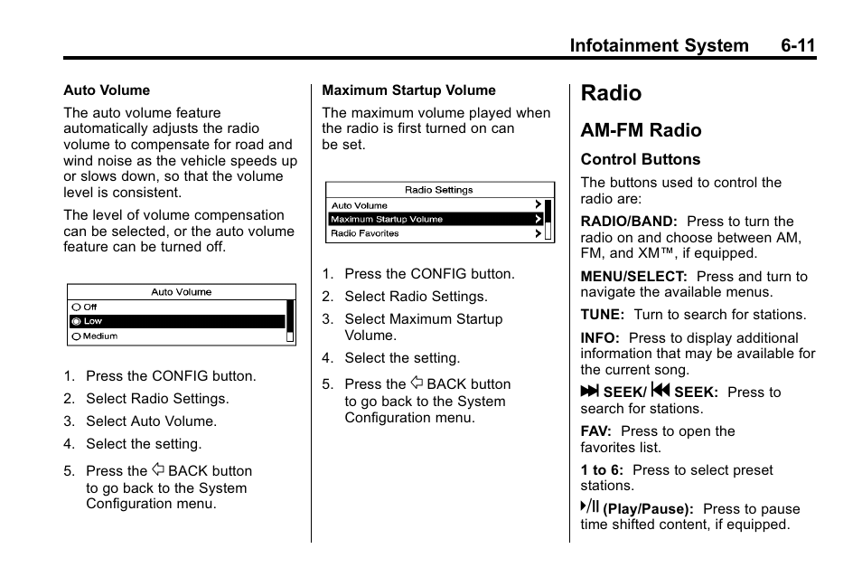 Radio, Am-fm radio, Radio -11 | Am-fm radio -11, Rear seat audio, Infotainment system 6-11 | Cadillac 2010 SRX Crossover User Manual | Page 177 / 470