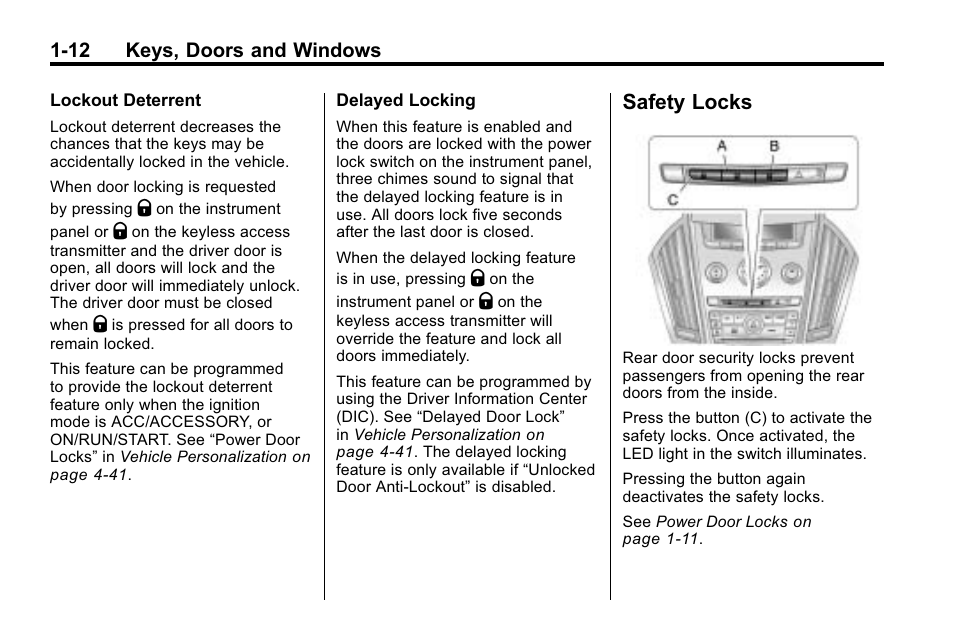 Safety locks, Safety locks -12 | Cadillac 2010 SRX Crossover User Manual | Page 18 / 470