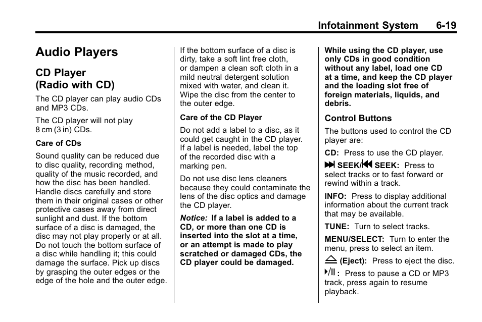 Audio players, Cd player (radio with cd), Cd player (radio | With cd) -19, Read the | Cadillac 2010 SRX Crossover User Manual | Page 185 / 470