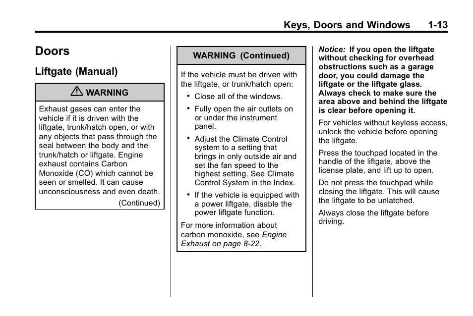 Doors, Liftgate (manual), Doors -13 | Controls, Liftgate (manual) -13, Keys, doors and windows 1-13 | Cadillac 2010 SRX Crossover User Manual | Page 19 / 470