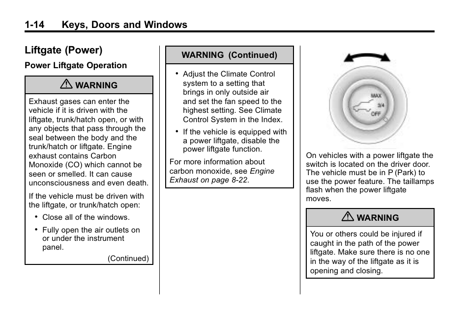 Liftgate (power), Liftgate (power) -14, Sunroof | 14 keys, doors and windows | Cadillac 2010 SRX Crossover User Manual | Page 20 / 470