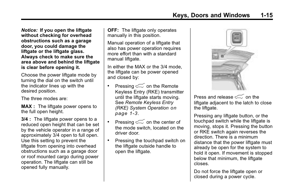 Keys, doors and windows 1-15 | Cadillac 2010 SRX Crossover User Manual | Page 21 / 470