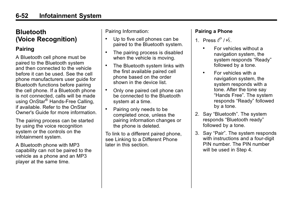 Bluetooth (voice recognition), Bluetooth (voice, Recognition) -52 | 52 infotainment system | Cadillac 2010 SRX Crossover User Manual | Page 218 / 470