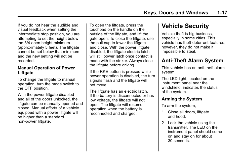 Vehicle security, Anti-theft alarm system, Vehicle security -17 | Warning lights, Vehicle security -17 anti-theft alarm system -17, Keys, doors and windows 1-17 | Cadillac 2010 SRX Crossover User Manual | Page 23 / 470