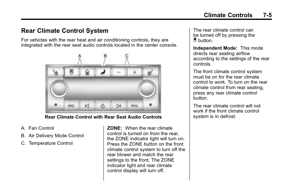 Rear climate control system, Rear climate control, System -5 | Climate controls 7-5 | Cadillac 2010 SRX Crossover User Manual | Page 243 / 470