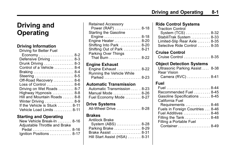 Driving and operating, Driving and operating 8-1 | Cadillac 2010 SRX Crossover User Manual | Page 245 / 470