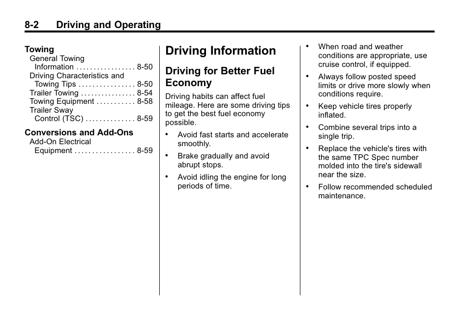 Driving information, Driving for better fuel economy, Information -2 | Driving for better fuel, Economy -2, 2 driving and operating | Cadillac 2010 SRX Crossover User Manual | Page 246 / 470