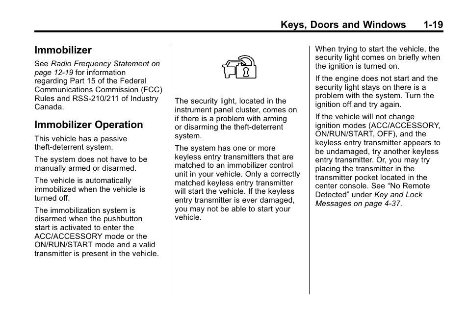 Immobilizer, Immobilizer operation, Immobilizer -19 immobilizer operation -19 | Cadillac 2010 SRX Crossover User Manual | Page 25 / 470