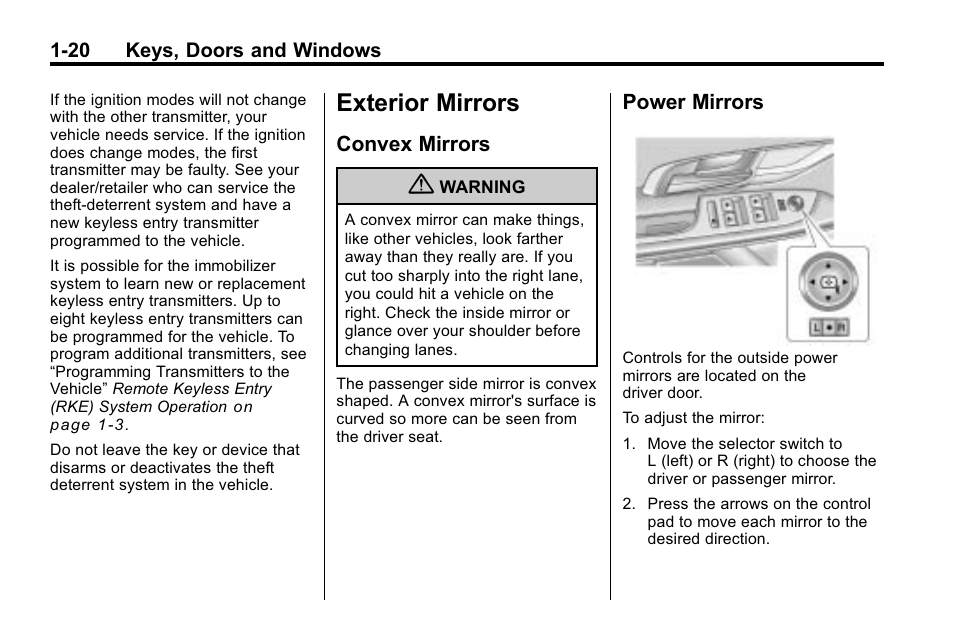 Exterior mirrors, Convex mirrors, Power mirrors | Exterior mirrors -20, Indicators, Convex mirrors -20 power mirrors -20 | Cadillac 2010 SRX Crossover User Manual | Page 26 / 470